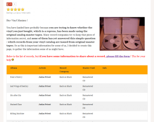 Vinyl master source list